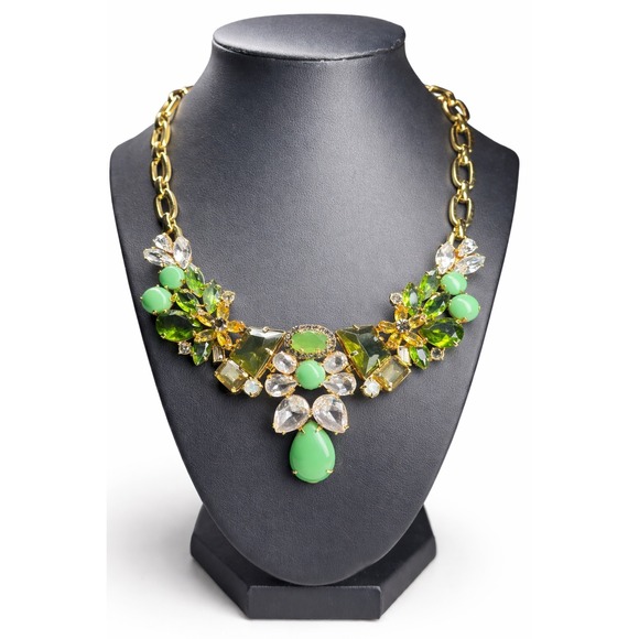 J.Crew Jewelry - J.Crew Green Crystal Statement Bib Necklace Gold Tone‎ Mixed Stone Floral Design